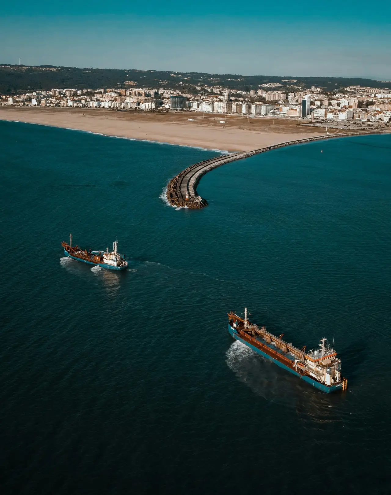 Aerial view of tankers at sea